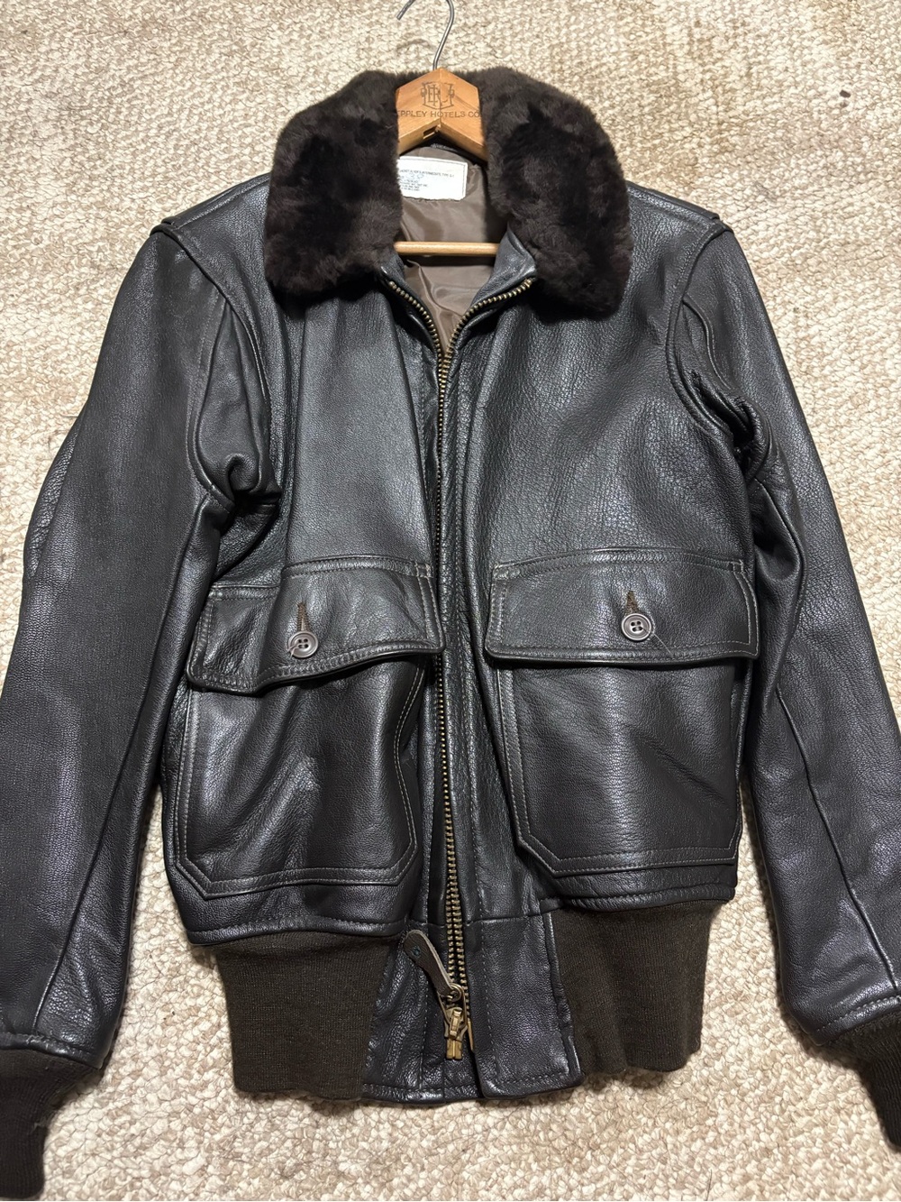 Women's Black Leather Bomber Jacket with Dark Fur Collar